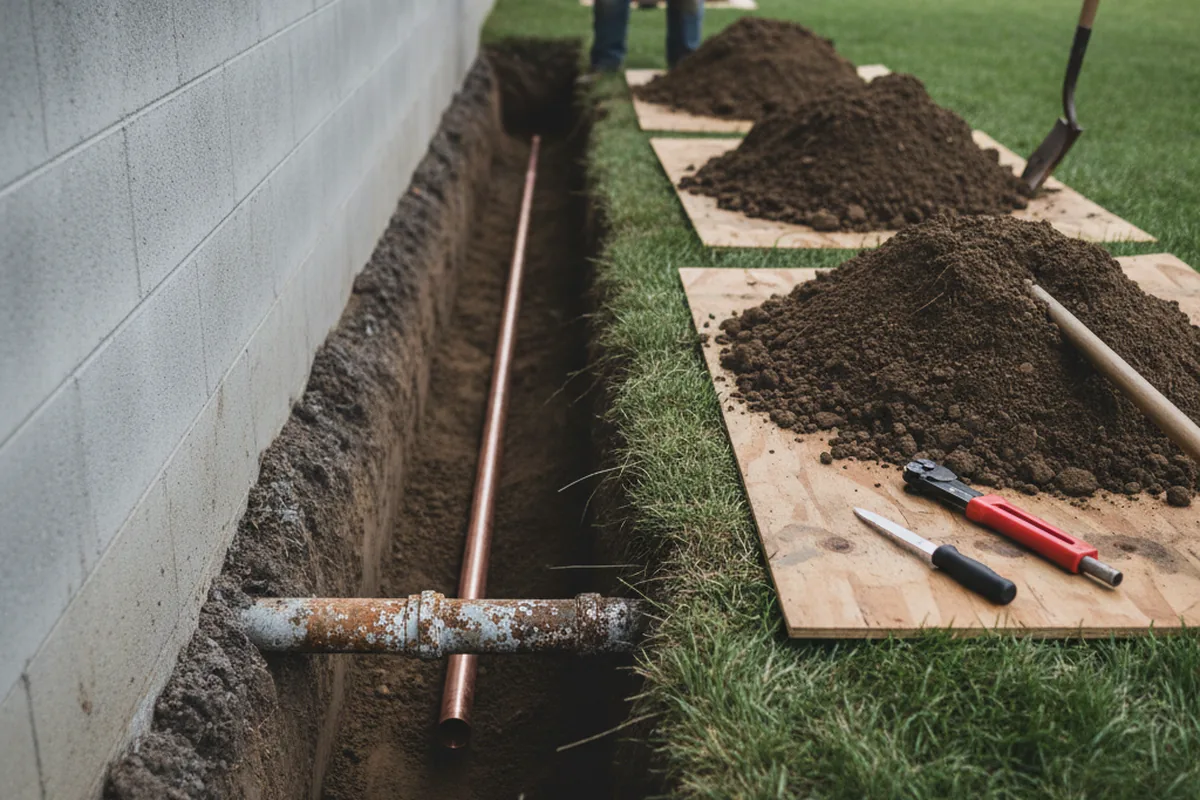 Excavated water line trench during Sewer Line Repair in New Berlin